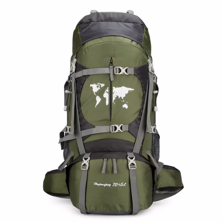 Large capacity 75L hiking backpack in army green with rain cover