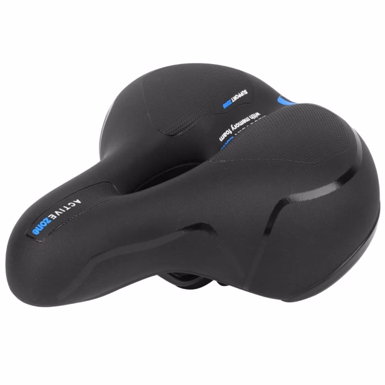 Bike saddle cushion, 200x240mm wide soft sprung, black and blue