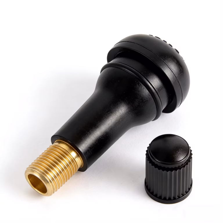 TR413 snap-in tire valve stem, rubber shorty with brass core